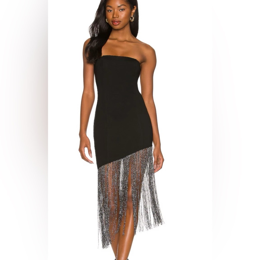 superdown Black Strapless Asymmetrical Fringe Dress